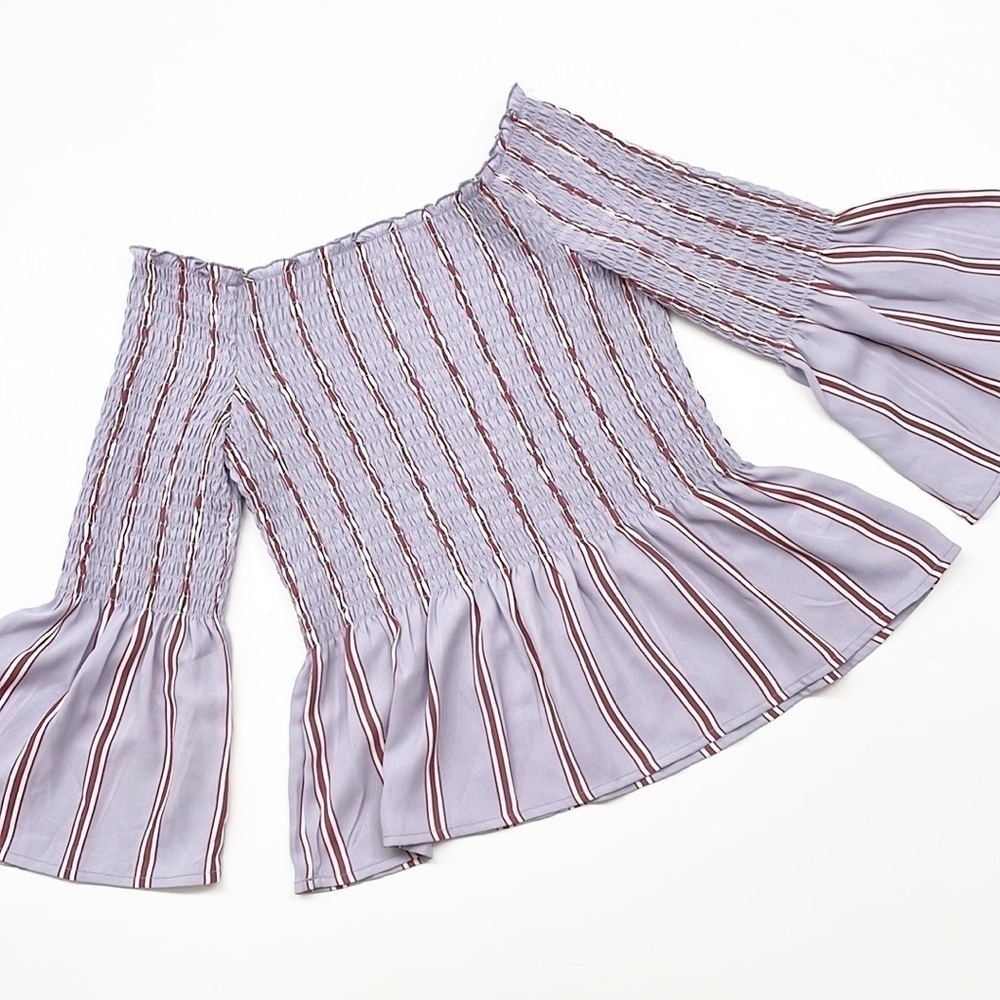 Candie's lavender striped off the shoulder bell sleeve ruched top